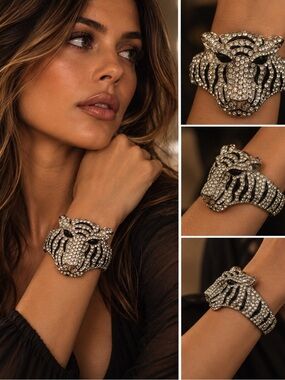 Crystal-Embellished Tiger Head Cuff Bracelet - Silver Tone